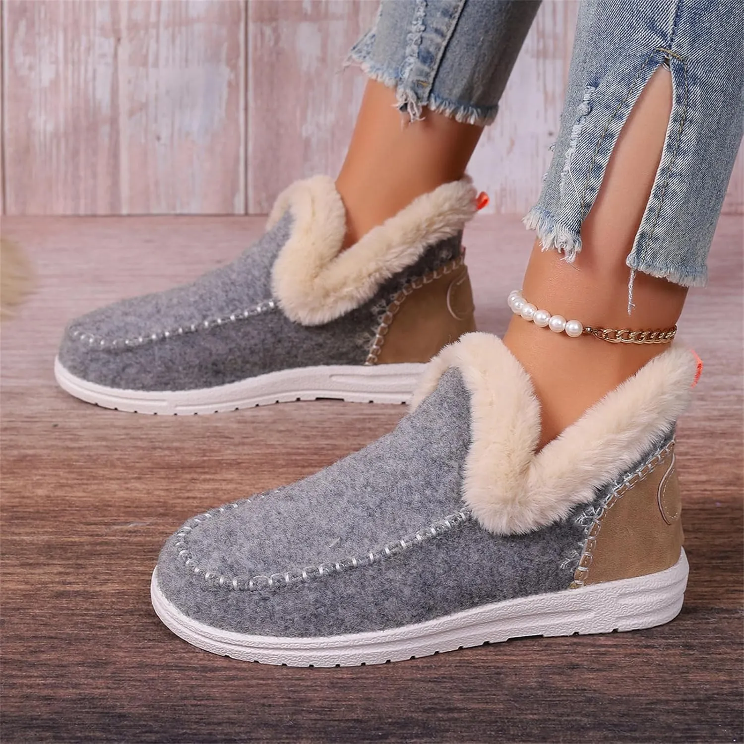 Ladmiple Booties For Women 2024 Warm Fur Lined Winter Snow Ankle Boots Outdoor Short Booties Fashion Slip On Loafers Shoes