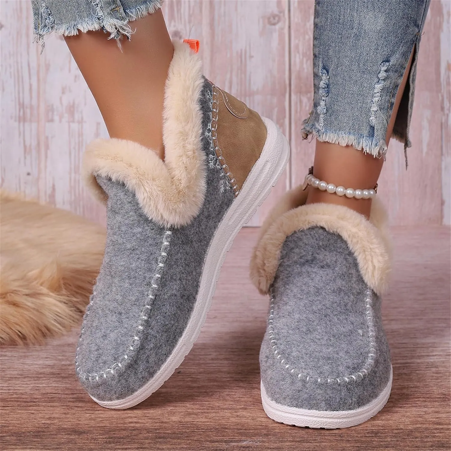 Ladmiple Booties For Women 2024 Warm Fur Lined Winter Snow Ankle Boots Outdoor Short Booties Fashion Slip On Loafers Shoes