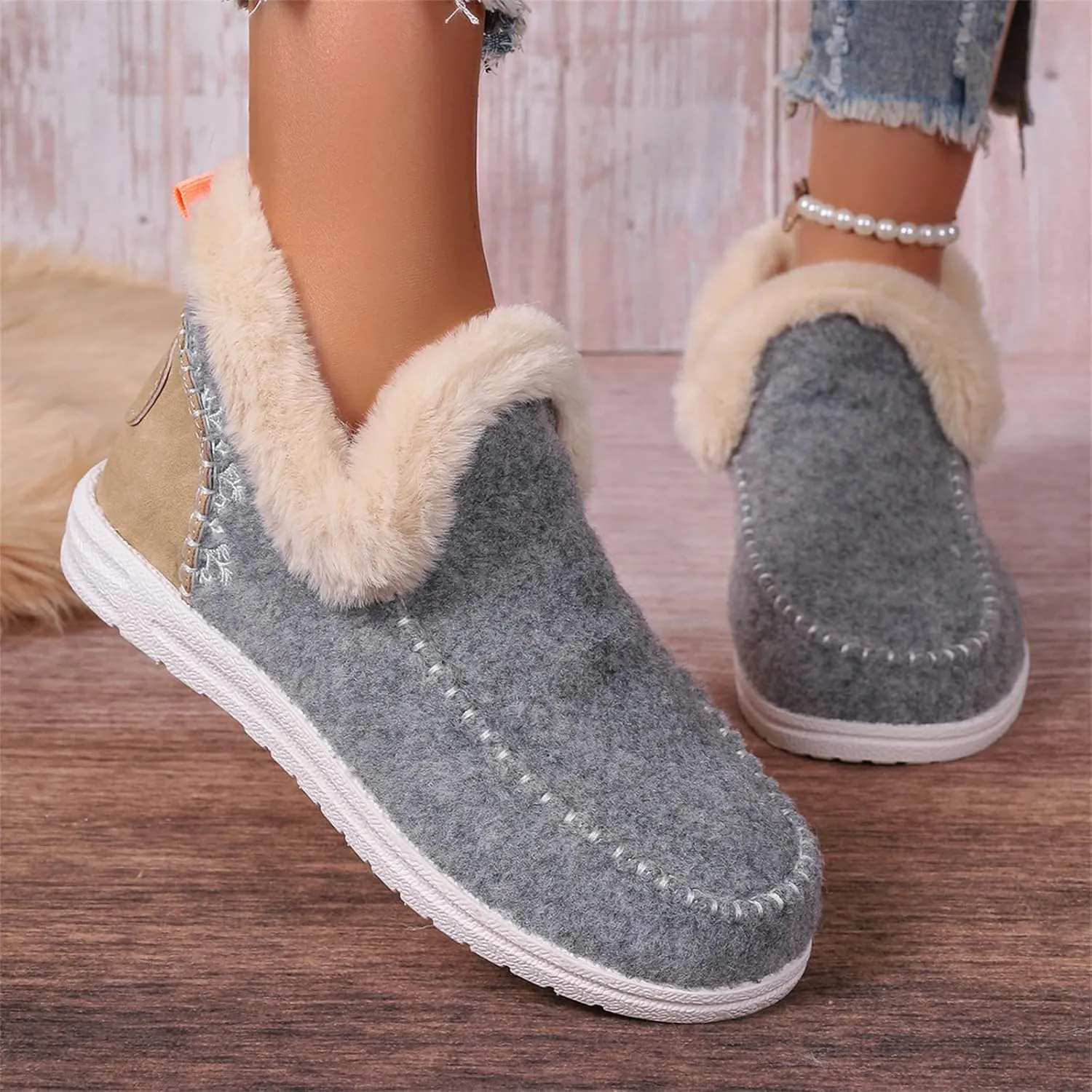 Ladmiple Booties For Women 2024 Warm Fur Lined Winter Snow Ankle Boots Outdoor Short Booties Fashion Slip On Loafers Shoes