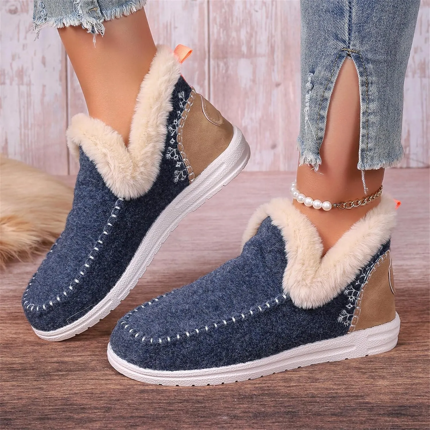 Ladmiple Booties For Women 2024 Warm Fur Lined Winter Snow Ankle Boots Outdoor Short Booties Fashion Slip On Loafers Shoes