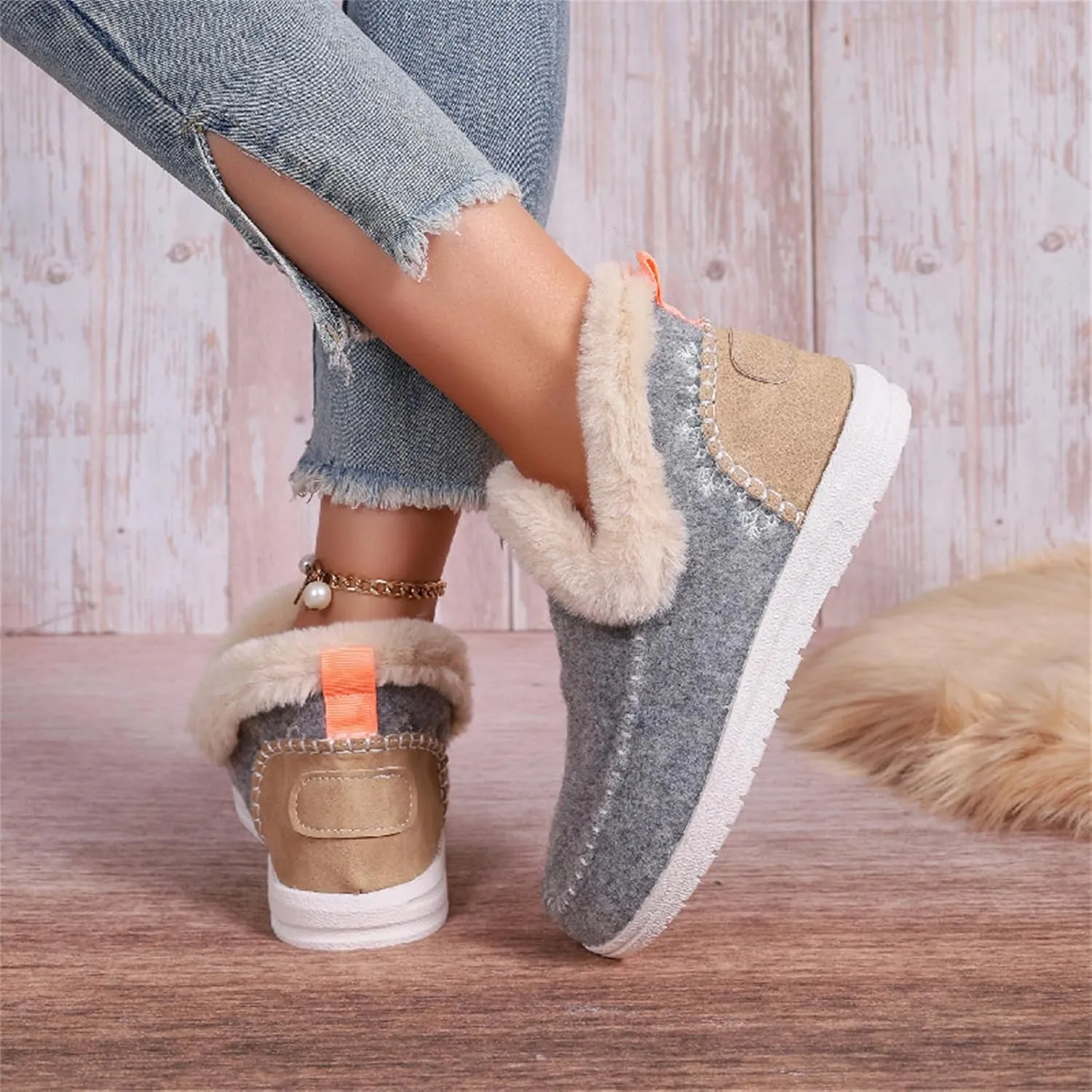 Ladmiple Booties For Women 2024 Warm Fur Lined Winter Snow Ankle Boots Outdoor Short Booties Fashion Slip On Loafers Shoes