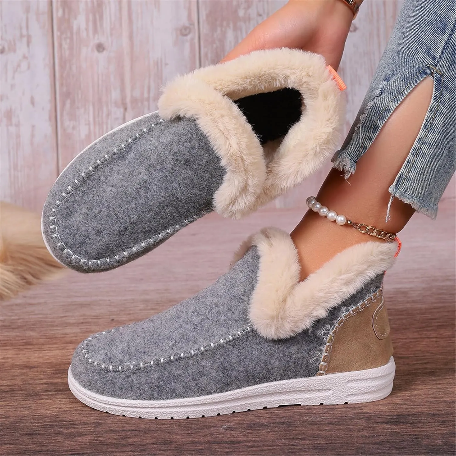 Ladmiple Booties For Women 2024 Warm Fur Lined Winter Snow Ankle Boots Outdoor Short Booties Fashion Slip On Loafers Shoes