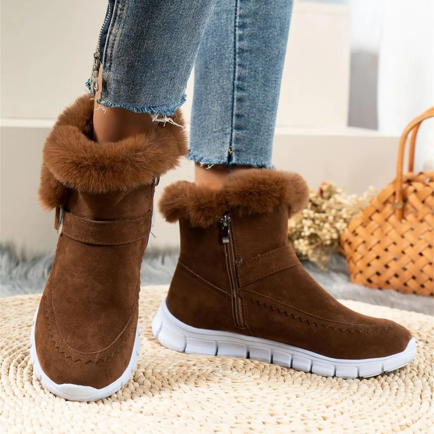 Ladmiple Snow Boots For Women Wide Calf Winter Boots Classic Faux Fur Lined Slip On Ankle Boots Fashion Warm Walking Shoes
