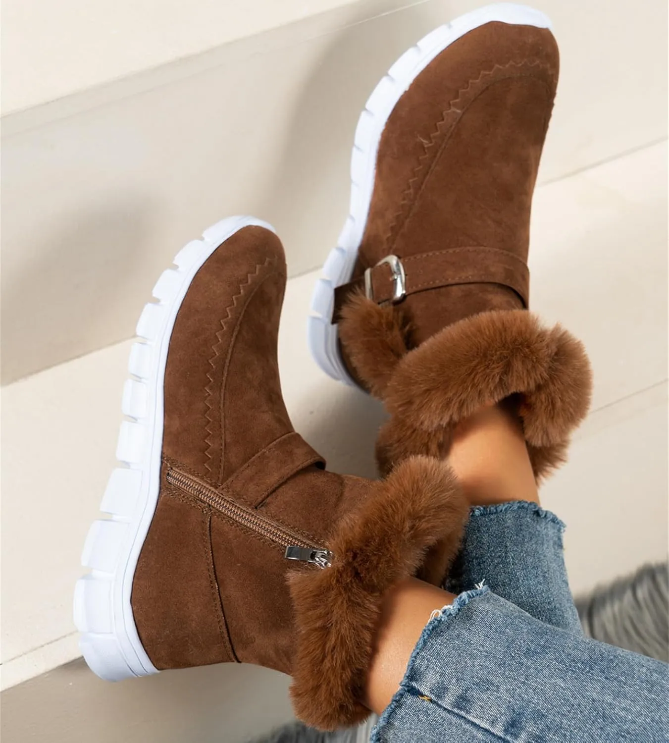 Ladmiple Snow Boots For Women Wide Calf Winter Boots Classic Faux Fur Lined Slip On Ankle Boots Fashion Warm Walking Shoes
