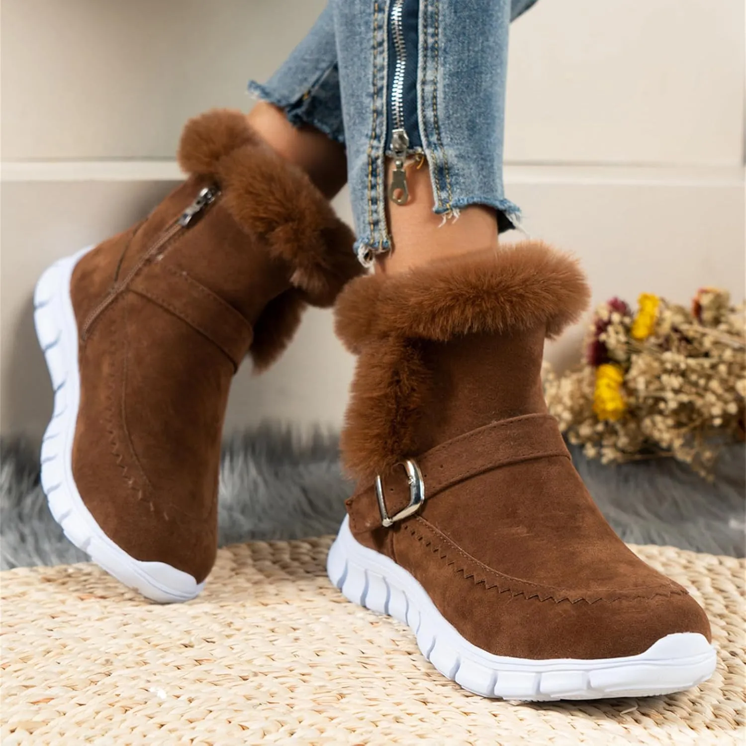 Ladmiple Snow Boots For Women Wide Calf Winter Boots Classic Faux Fur Lined Slip On Ankle Boots Fashion Warm Walking Shoes