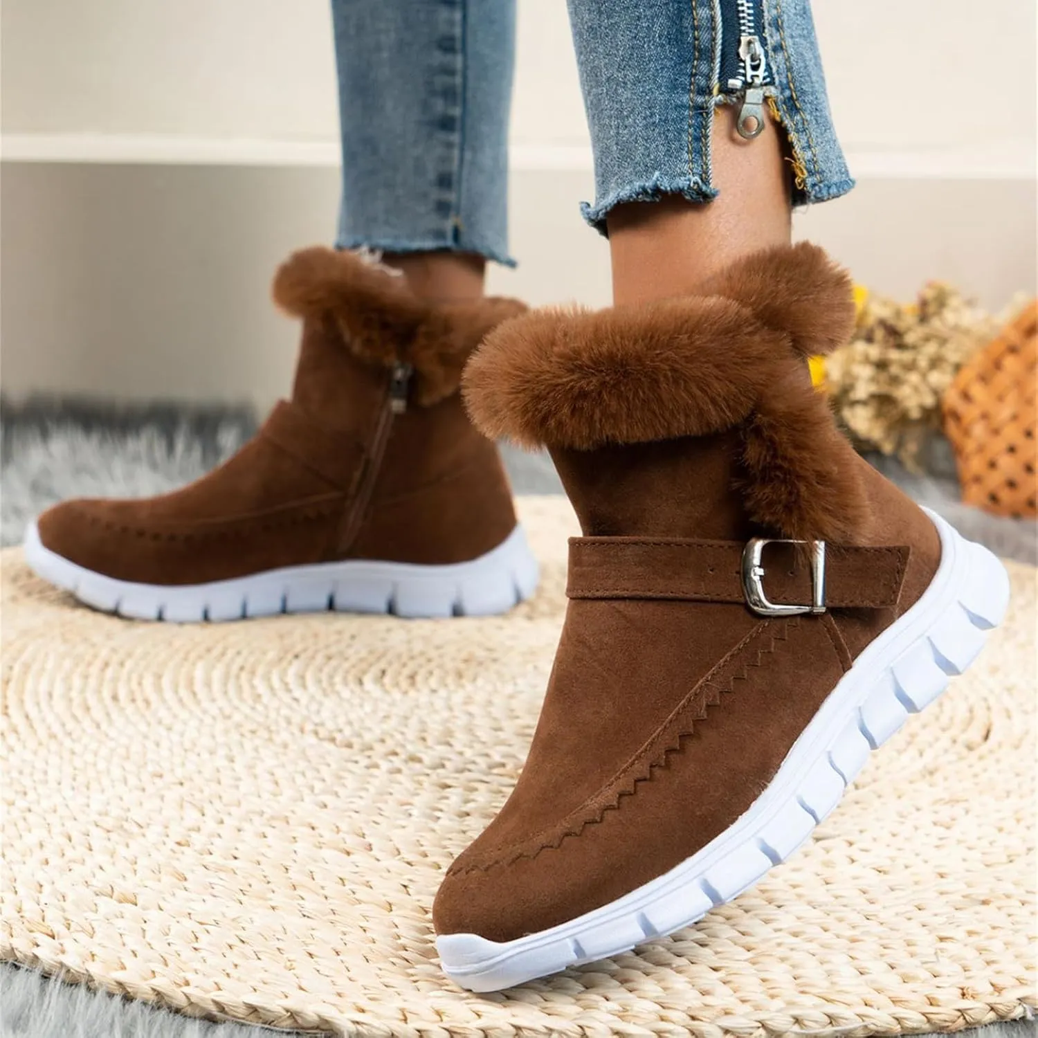 Ladmiple Snow Boots For Women Wide Calf Winter Boots Classic Faux Fur Lined Slip On Ankle Boots Fashion Warm Walking Shoes