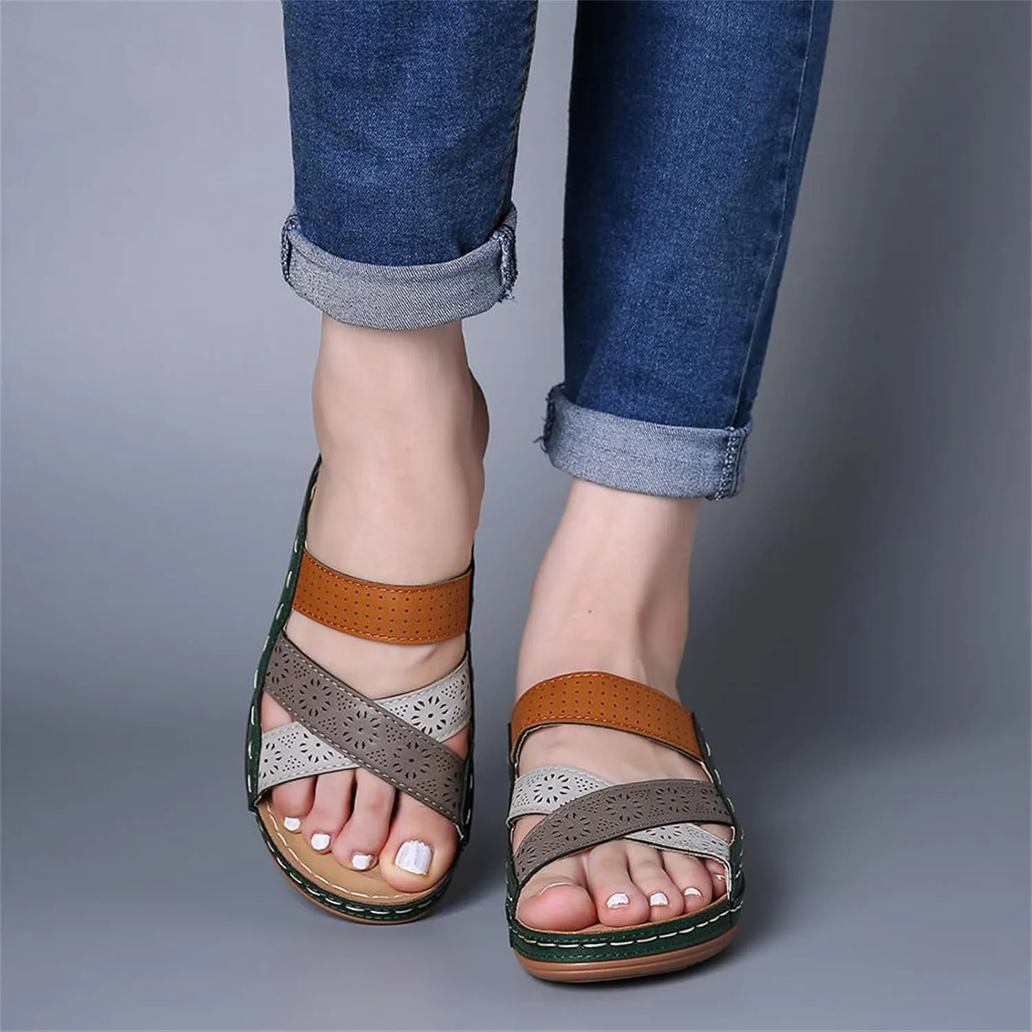 Lausiuoe Sandals Women Dressy Summer Flat Arch Support Fashion Orthotic Slides Athletic Slip On Orthopedic Slippers Flip Flop