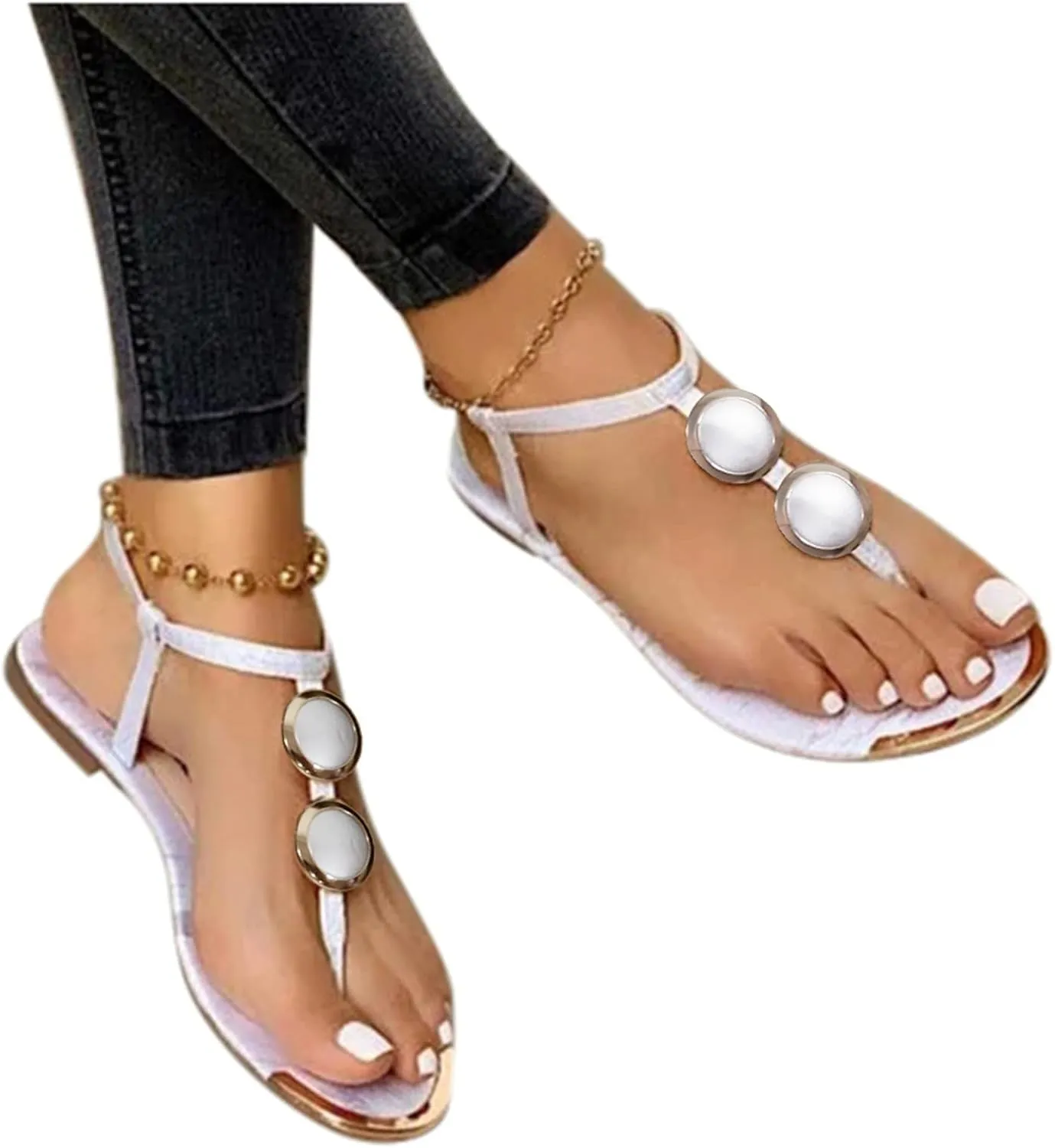 Leather Sandals For Women,Leather Thong Sandals For Women, Comfortable Strappy Flip Flops T-Strap Dress Sandal With Adjustable Ankle Strap