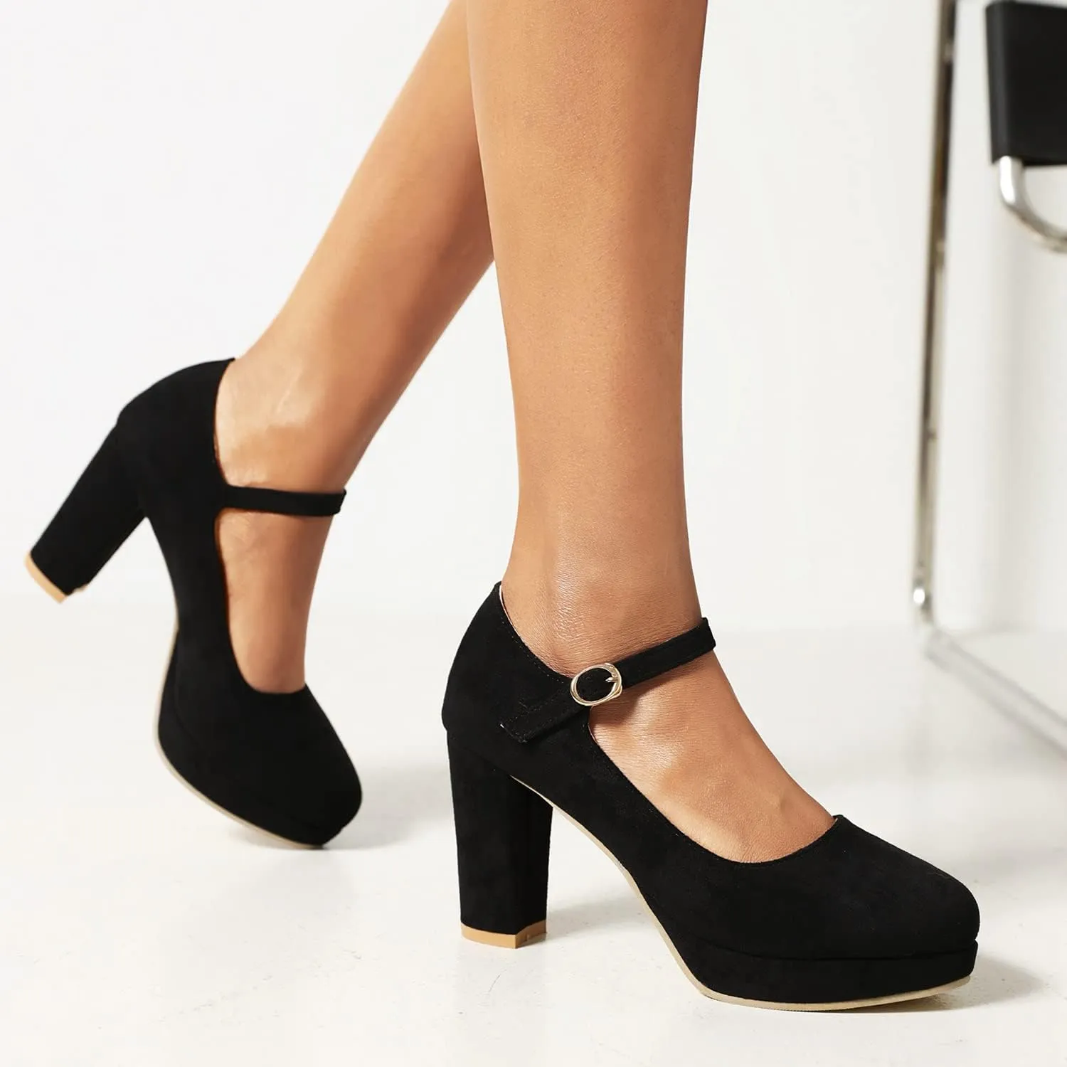 LEHOOR Women Chunky High Heel Mary Jane Shoes Platform Ankle Buckle Strap 3" Heel Round Toe Suede Pumps Wedding Bridal Dress Shoes Block Heel Closed Toe Sandals Ladies Girls Office Cute Fall 4-12 M US