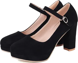 LEHOOR Women Chunky High Heel Mary Jane Shoes Platform Ankle Buckle Strap 3" Heel Round Toe Suede Pumps Wedding Bridal Dress Shoes Block Heel Closed Toe Sandals Ladies Girls Office Cute Fall 4-12 M US