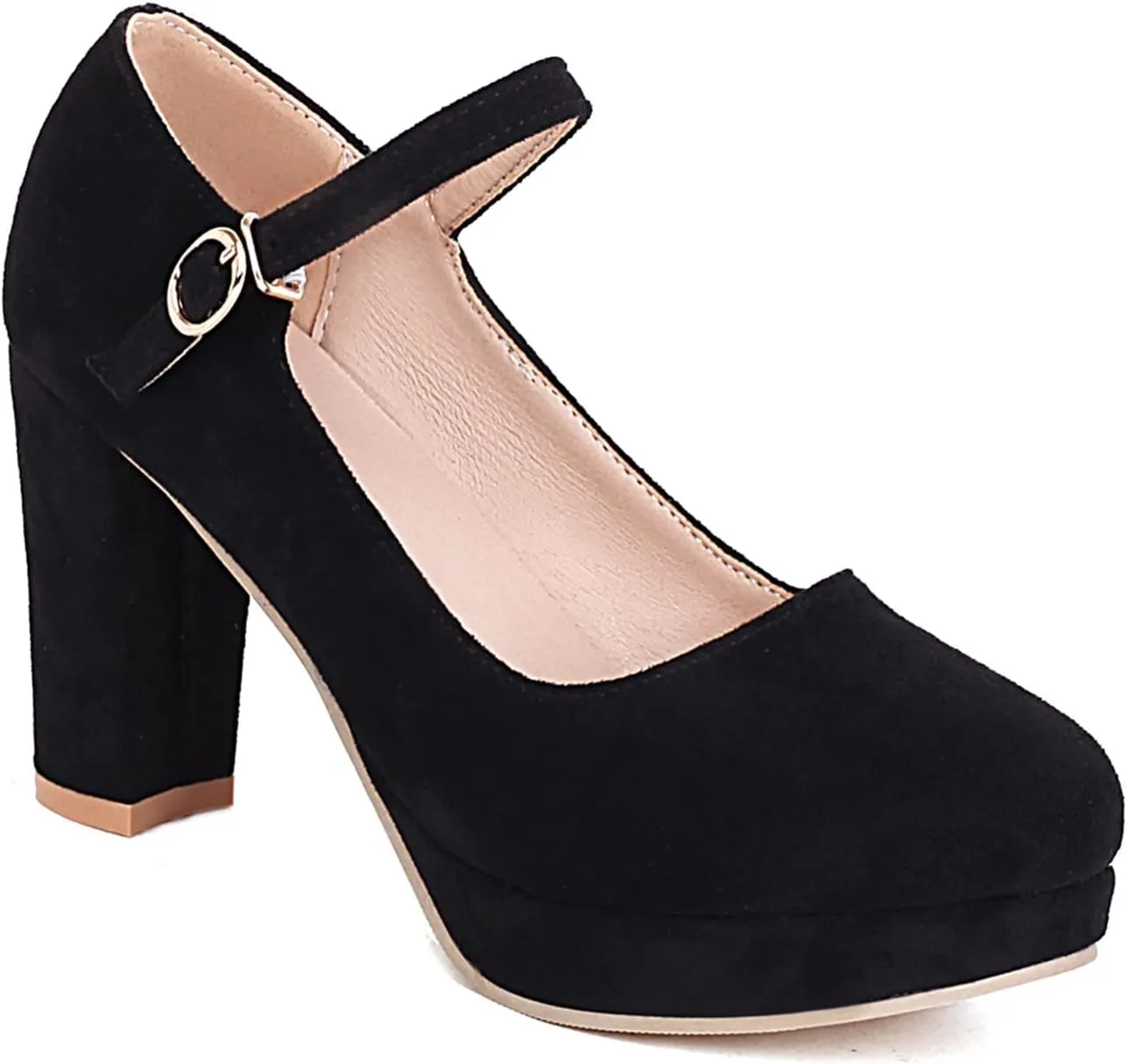 LEHOOR Women Chunky High Heel Mary Jane Shoes Platform Ankle Buckle Strap 3" Heel Round Toe Suede Pumps Wedding Bridal Dress Shoes Block Heel Closed Toe Sandals Ladies Girls Office Cute Fall 4-12 M US