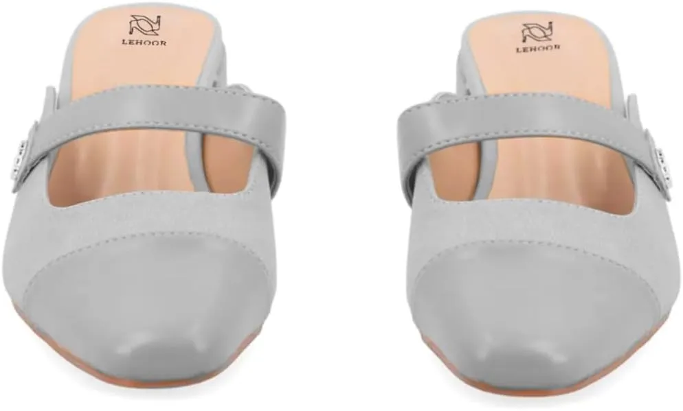 LEHOOR Women Low Chunky Heel Mules Closed Square Toe Two-Toned Dress Sandals Slip On 2 Inch Heels Slide Shoes Flower-Buckle Strap Backless Slippers Suede Matte Patchwork Comfort Office Daily 4-11 M US