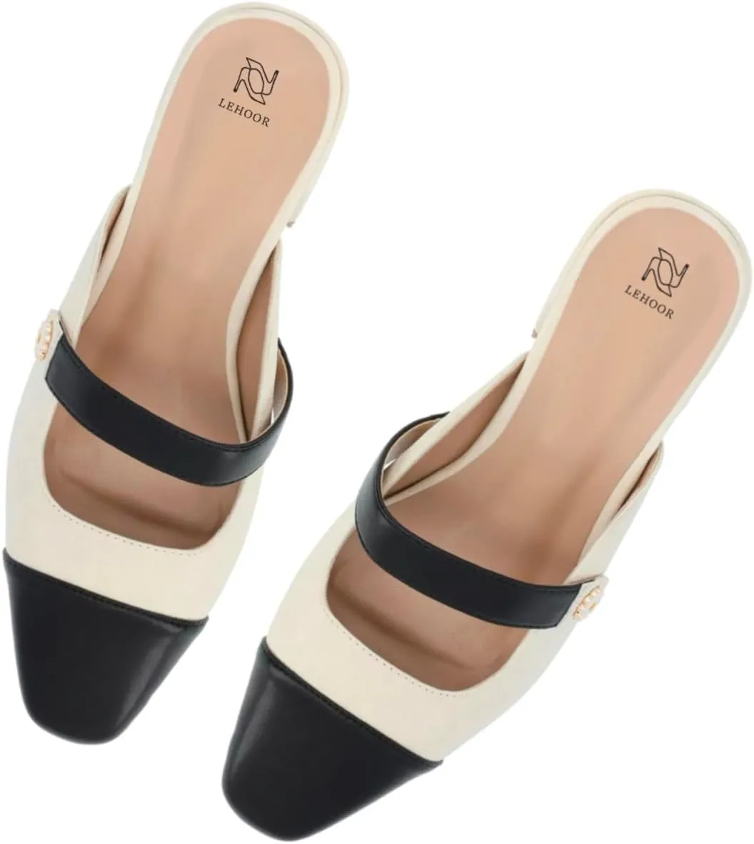 LEHOOR Women Low Chunky Heel Mules Closed Square Toe Two-Toned Dress Sandals Slip On 2 Inch Heels Slide Shoes Flower-Buckle Strap Backless Slippers Suede Matte Patchwork Comfort Office Daily 4-11 M US