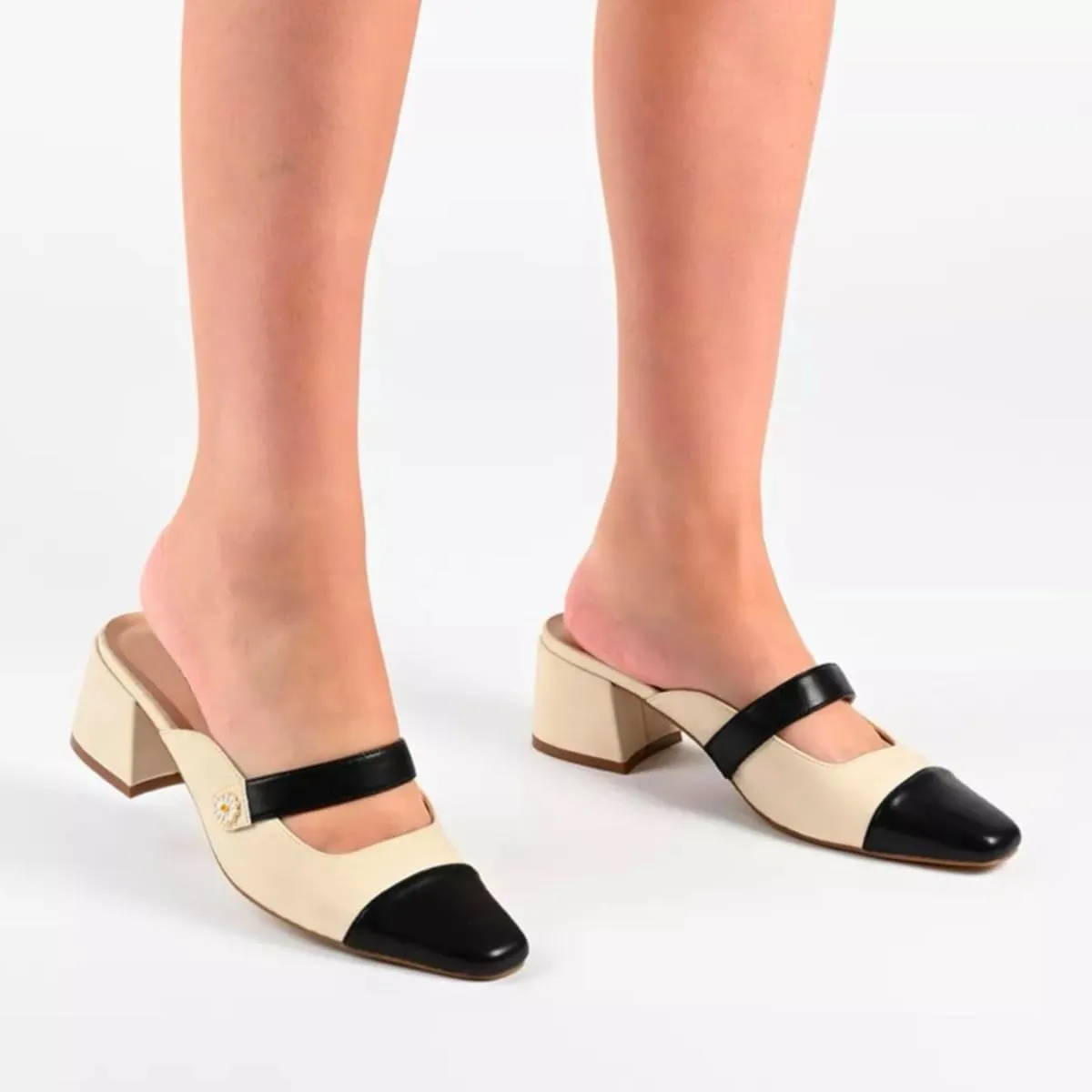 LEHOOR Women Low Chunky Heel Mules Closed Square Toe Two-Toned Dress Sandals Slip On 2 Inch Heels Slide Shoes Flower-Buckle Strap Backless Slippers Suede Matte Patchwork Comfort Office Daily 4-11 M US