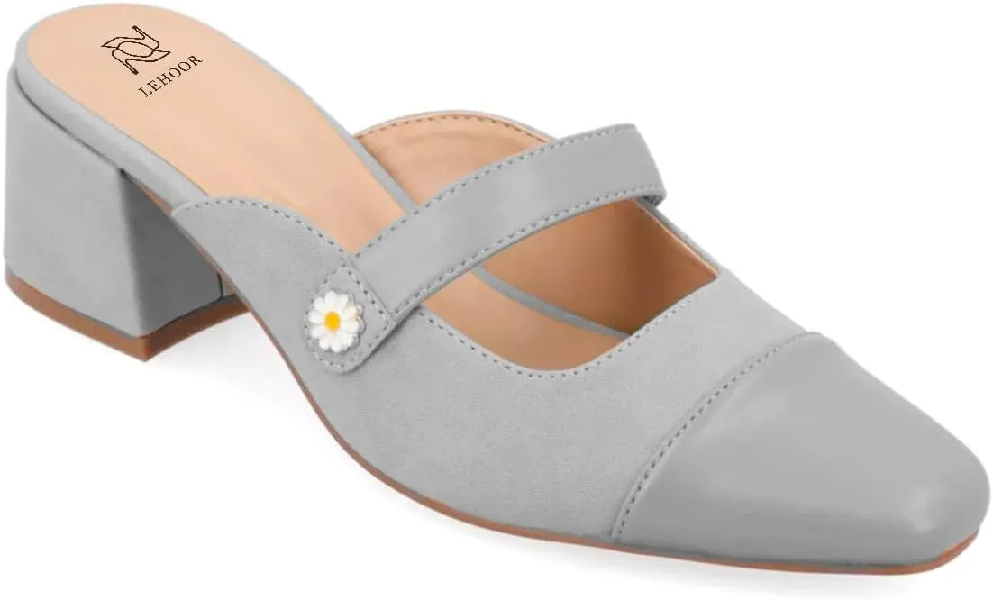 LEHOOR Women Low Chunky Heel Mules Closed Square Toe Two-Toned Dress Sandals Slip On 2 Inch Heels Slide Shoes Flower-Buckle Strap Backless Slippers Suede Matte Patchwork Comfort Office Daily 4-11 M US
