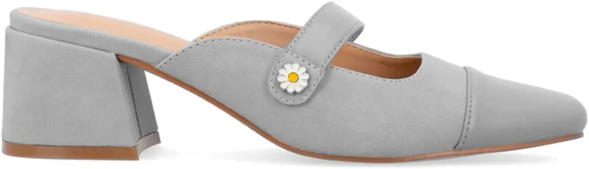LEHOOR Women Low Chunky Heel Mules Closed Square Toe Two-Toned Dress Sandals Slip On 2 Inch Heels Slide Shoes Flower-Buckle Strap Backless Slippers Suede Matte Patchwork Comfort Office Daily 4-11 M US
