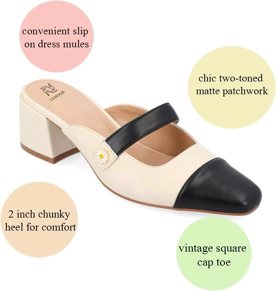 LEHOOR Women Low Chunky Heel Mules Closed Square Toe Two-Toned Dress Sandals Slip On 2 Inch Heels Slide Shoes Flower-Buckle Strap Backless Slippers Suede Matte Patchwork Comfort Office Daily 4-11 M US