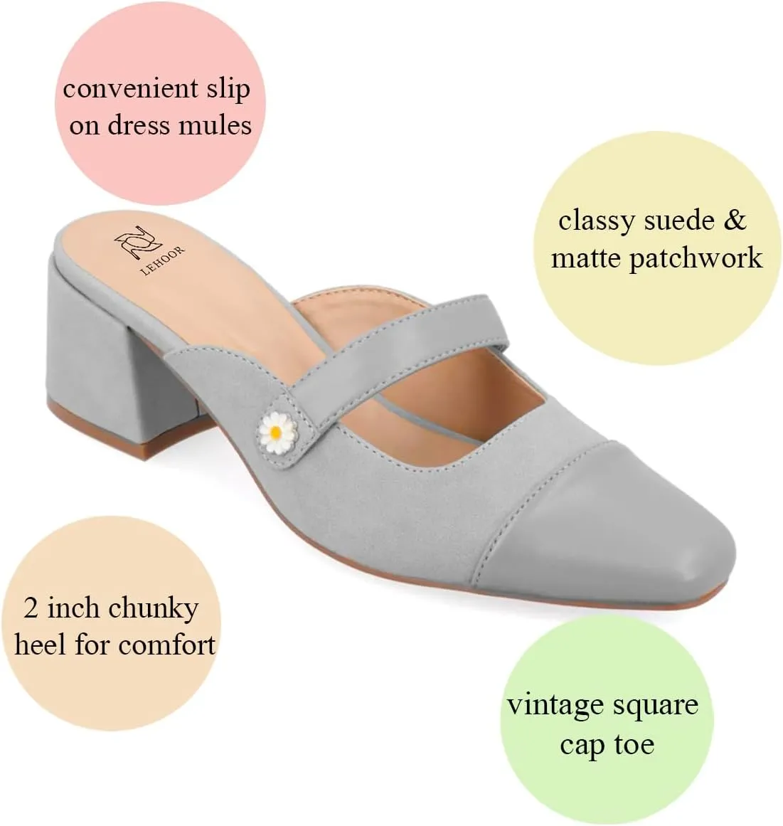 LEHOOR Women Low Chunky Heel Mules Closed Square Toe Two-Toned Dress Sandals Slip On 2 Inch Heels Slide Shoes Flower-Buckle Strap Backless Slippers Suede Matte Patchwork Comfort Office Daily 4-11 M US