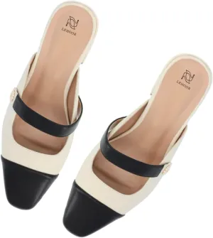 LEHOOR Women Low Chunky Heel Mules Closed Square Toe Two-Toned Dress Sandals Slip On 2 Inch Heels Slide Shoes Flower-Buckle Strap Backless Slippers Suede Matte Patchwork Comfort Office Daily 4-11 M US