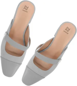 LEHOOR Women Low Chunky Heel Mules Closed Square Toe Two-Toned Dress Sandals Slip On 2 Inch Heels Slide Shoes Flower-Buckle Strap Backless Slippers Suede Matte Patchwork Comfort Office Daily 4-11 M US