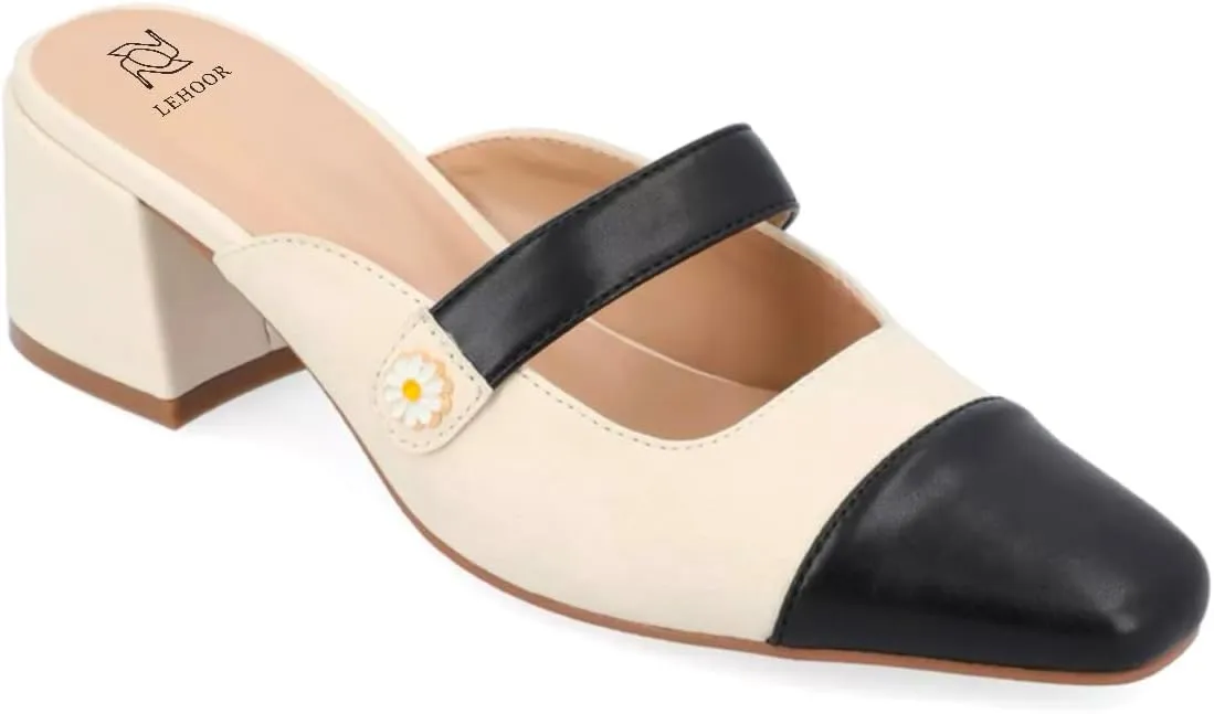 LEHOOR Women Low Chunky Heel Mules Closed Square Toe Two-Toned Dress Sandals Slip On 2 Inch Heels Slide Shoes Flower-Buckle Strap Backless Slippers Suede Matte Patchwork Comfort Office Daily 4-11 M US