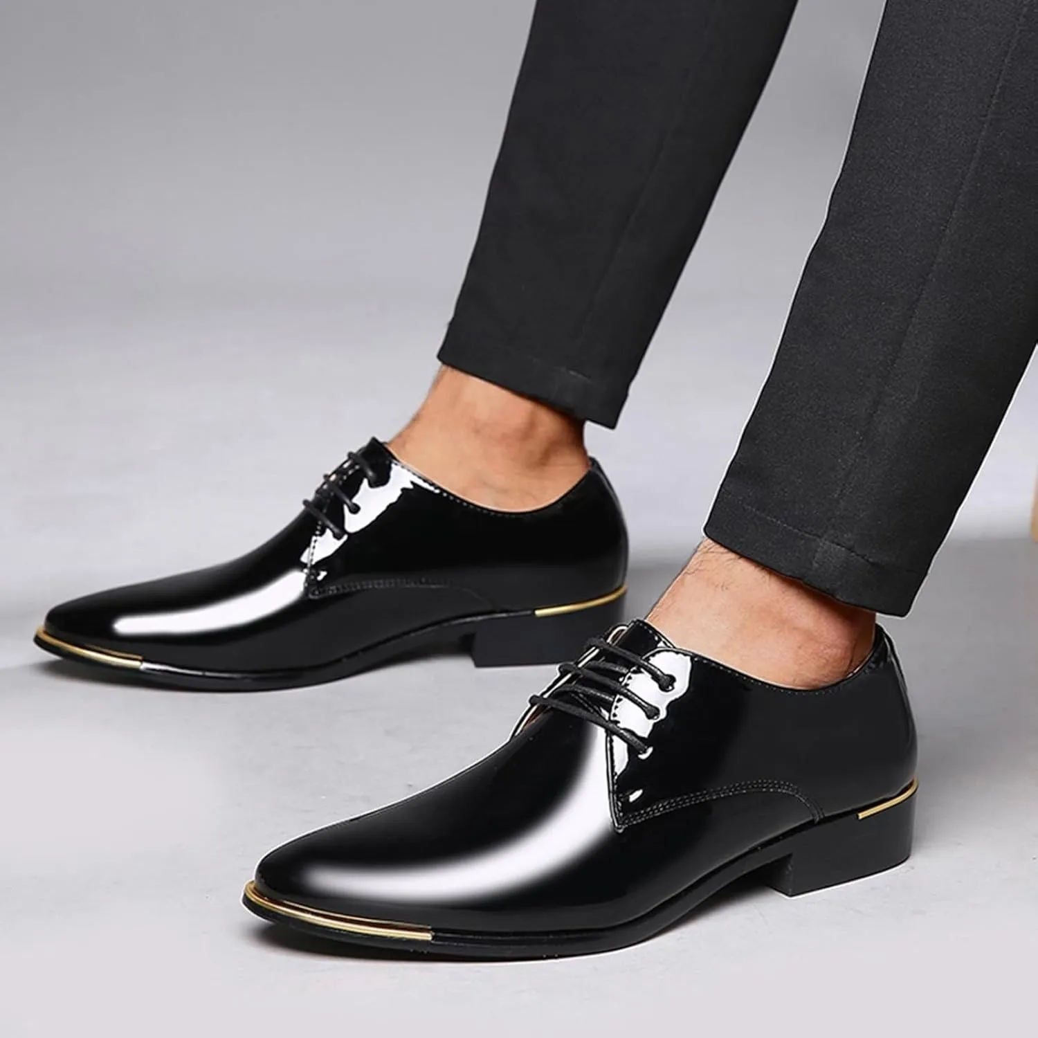 Men Breathable Business Formal Casual Pointed Toe Shiny Lace Up Patchwork Leather Shoes Combers Shoes Men Leather Men's Sanda