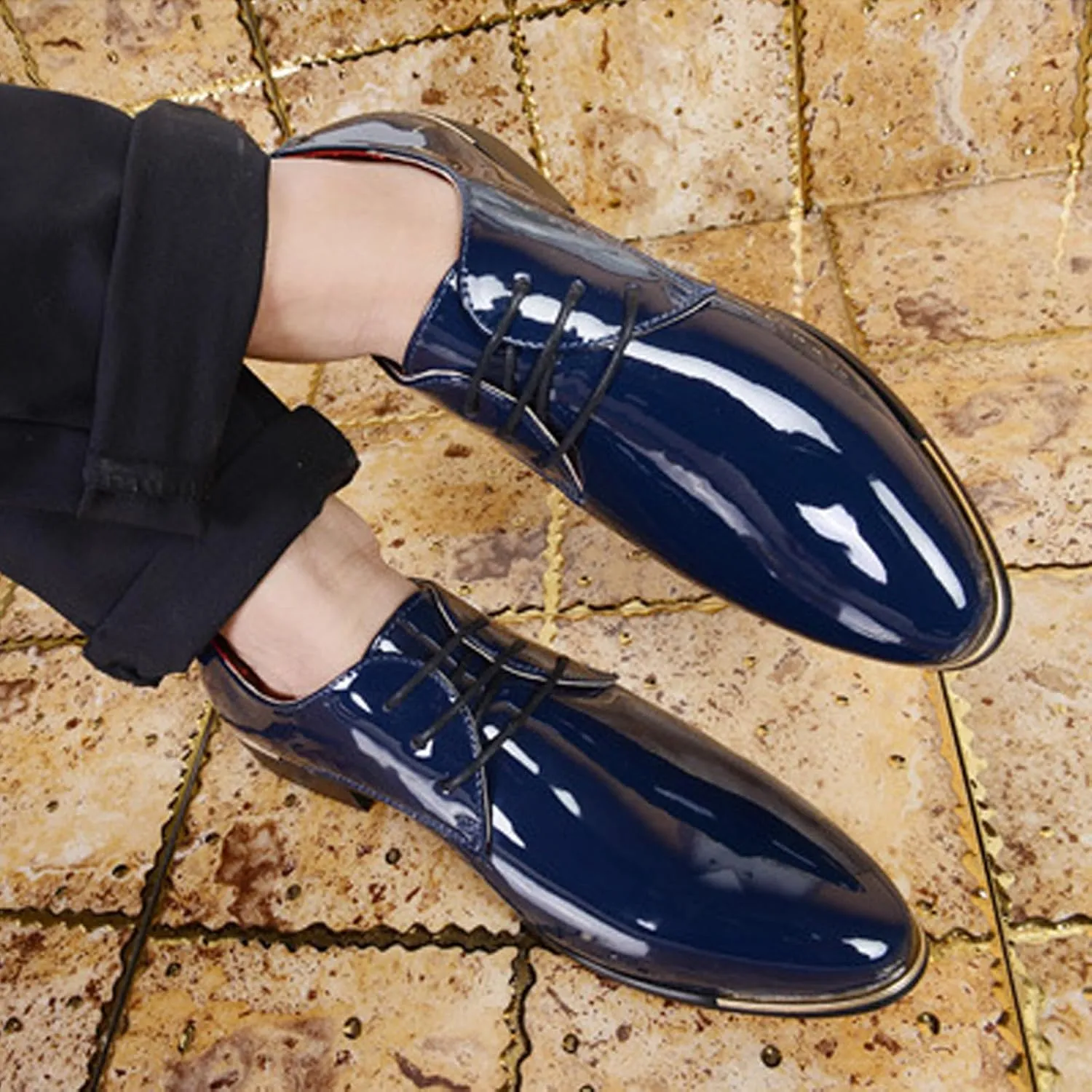 Men Breathable Business Formal Casual Pointed Toe Shiny Lace Up Patchwork Leather Shoes Combers Shoes Men Leather Men's Sanda