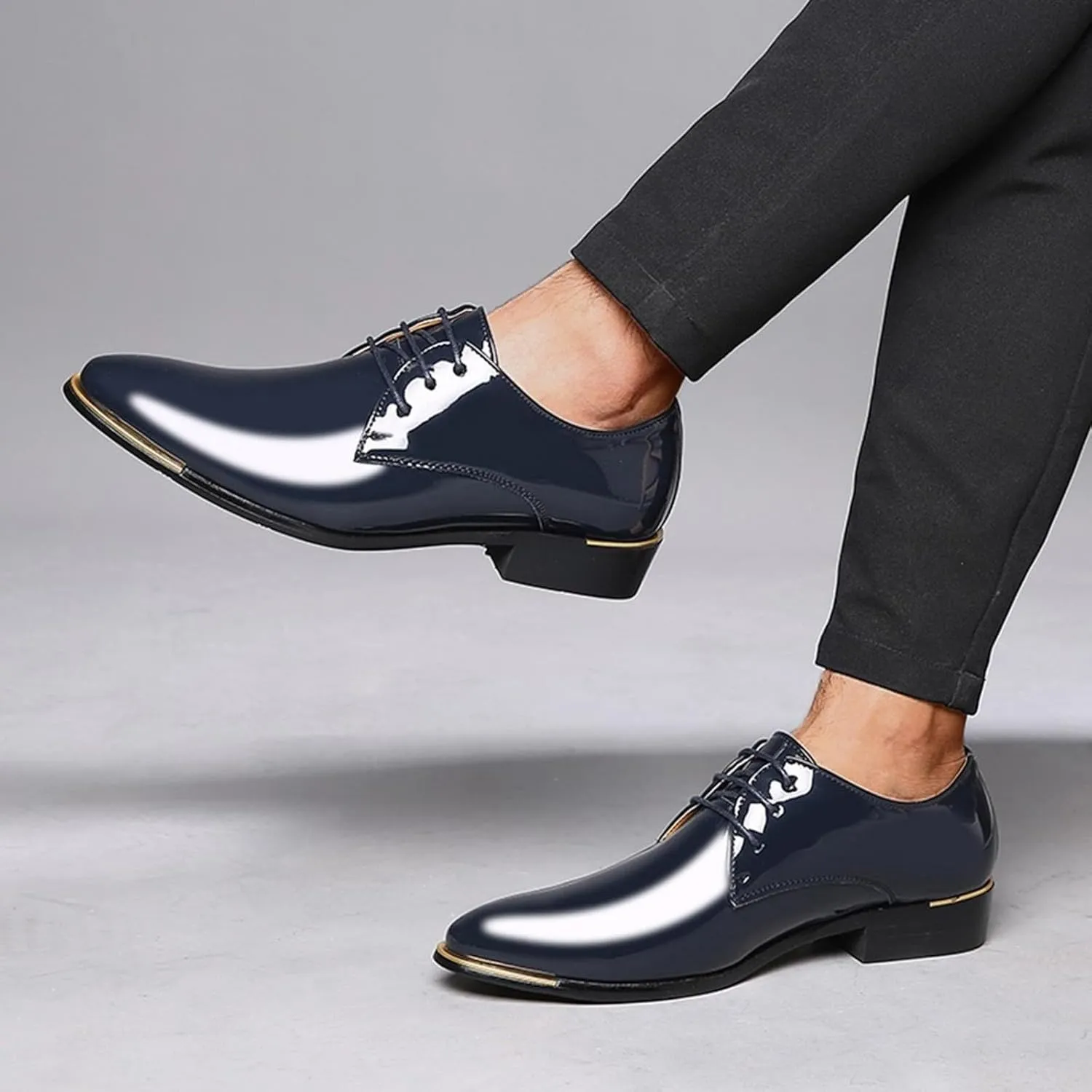 Men Breathable Business Formal Casual Pointed Toe Shiny Lace Up Patchwork Leather Shoes Combers Shoes Men Leather Men's Sanda