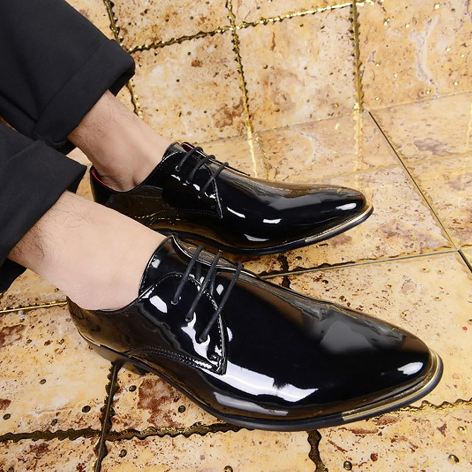 Men Breathable Business Formal Casual Pointed Toe Shiny Lace Up Patchwork Leather Shoes Combers Shoes Men Leather Men's Sanda