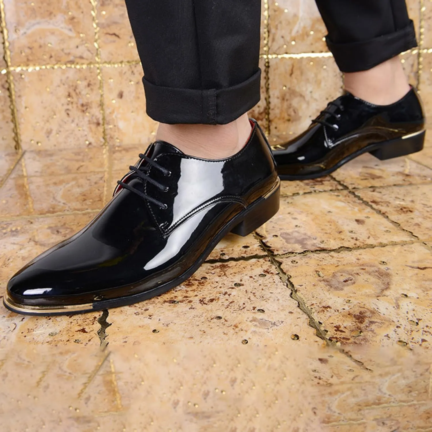 Men Breathable Business Formal Casual Pointed Toe Shiny Lace Up Patchwork Leather Shoes Combers Shoes Men Leather Men's Sanda