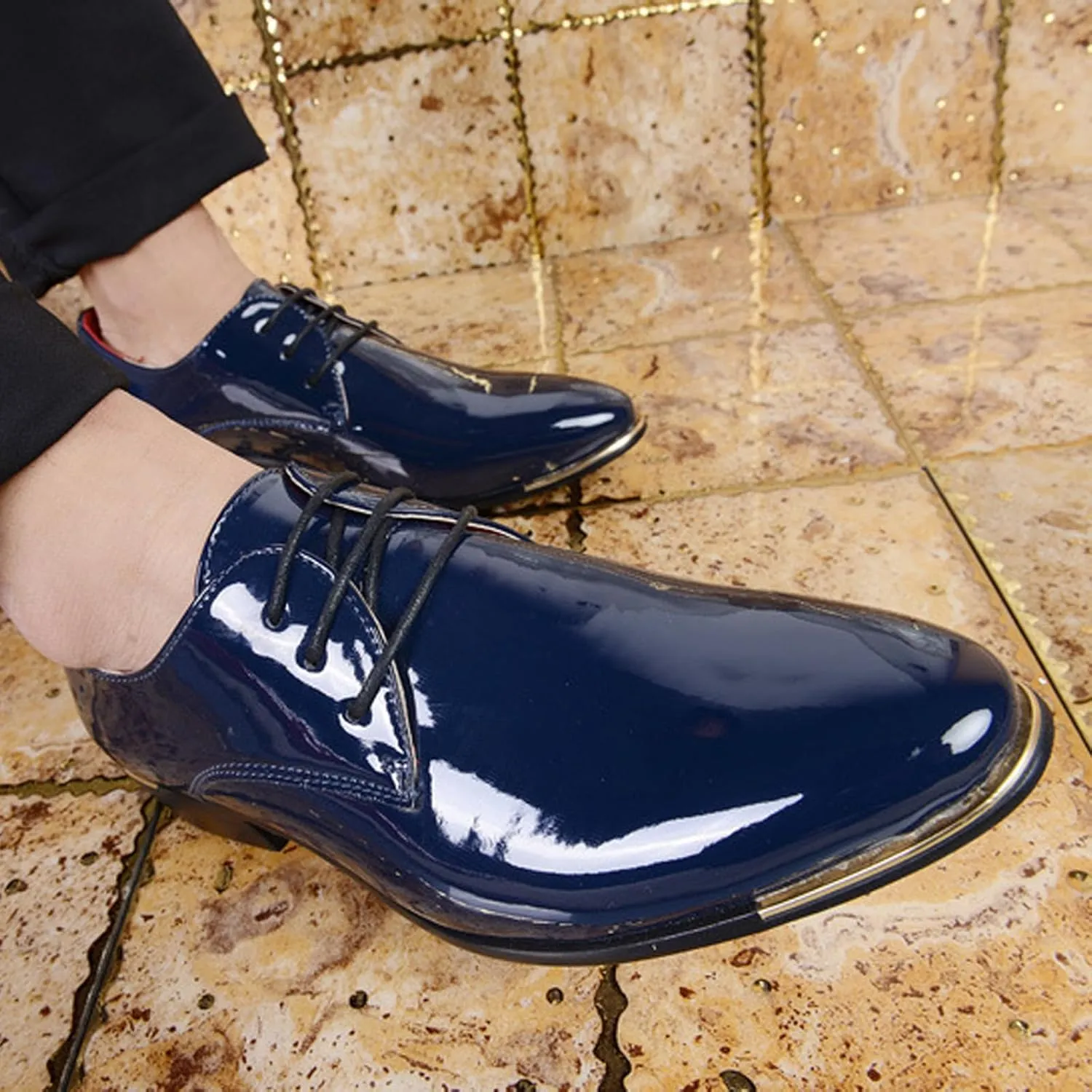Men Breathable Business Formal Casual Pointed Toe Shiny Lace Up Patchwork Leather Shoes Combers Shoes Men Leather Men's Sanda