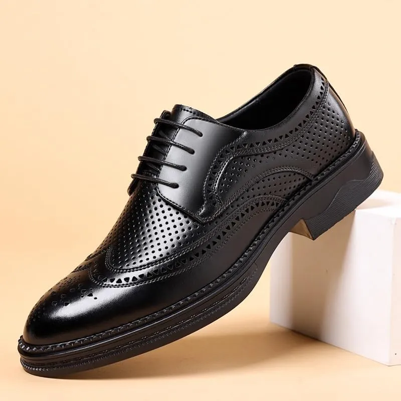 Men's Breathable Leather Wingtip Brogue Oxfords Fashion Classic Pointed Toe Lace Up Low Top Leather Dress Shoes Non-Slip Softsole Walking Derby Shoes