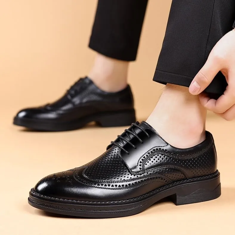 Men's Breathable Leather Wingtip Brogue Oxfords Fashion Classic Pointed Toe Lace Up Low Top Leather Dress Shoes Non-Slip Softsole Walking Derby Shoes