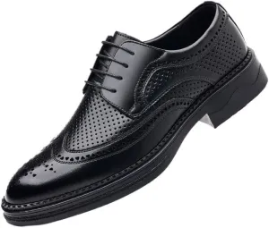 Men's Breathable Leather Wingtip Brogue Oxfords Fashion Classic Pointed Toe Lace Up Low Top Leather Dress Shoes Non-Slip Softsole Walking Derby Shoes