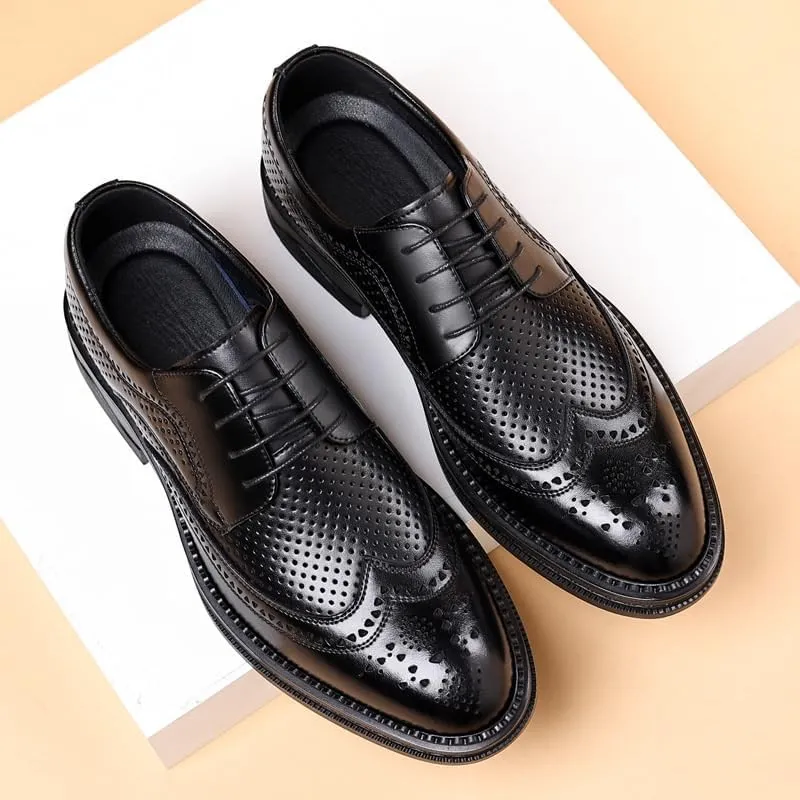Men's Breathable Leather Wingtip Brogue Oxfords Fashion Classic Pointed Toe Lace Up Low Top Leather Dress Shoes Non-Slip Softsole Walking Derby Shoes