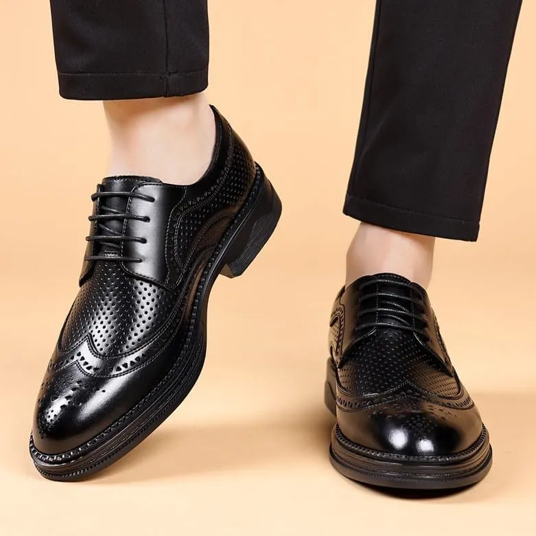 Men's Breathable Leather Wingtip Brogue Oxfords Fashion Classic Pointed Toe Lace Up Low Top Leather Dress Shoes Non-Slip Softsole Walking Derby Shoes