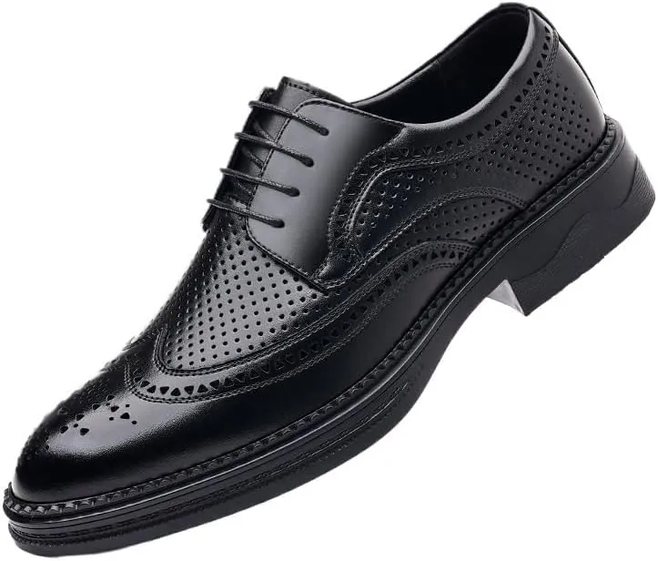 Men's Breathable Leather Wingtip Brogue Oxfords Fashion Classic Pointed Toe Lace Up Low Top Leather Dress Shoes Non-Slip Softsole Walking Derby Shoes