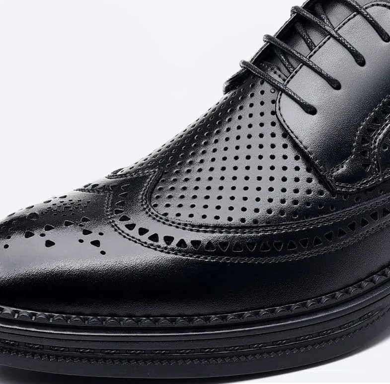 Men's Breathable Leather Wingtip Brogue Oxfords Fashion Classic Pointed Toe Lace Up Low Top Leather Dress Shoes Non-Slip Softsole Walking Derby Shoes