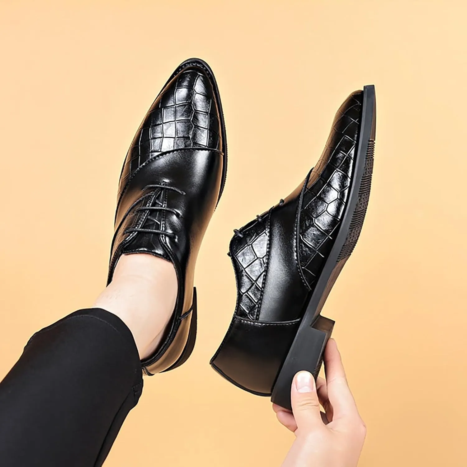Men's Business Lace Up Shoes Casual Solid Leather Fashion Tan Leather Breathable Comfortable Dress Shoes