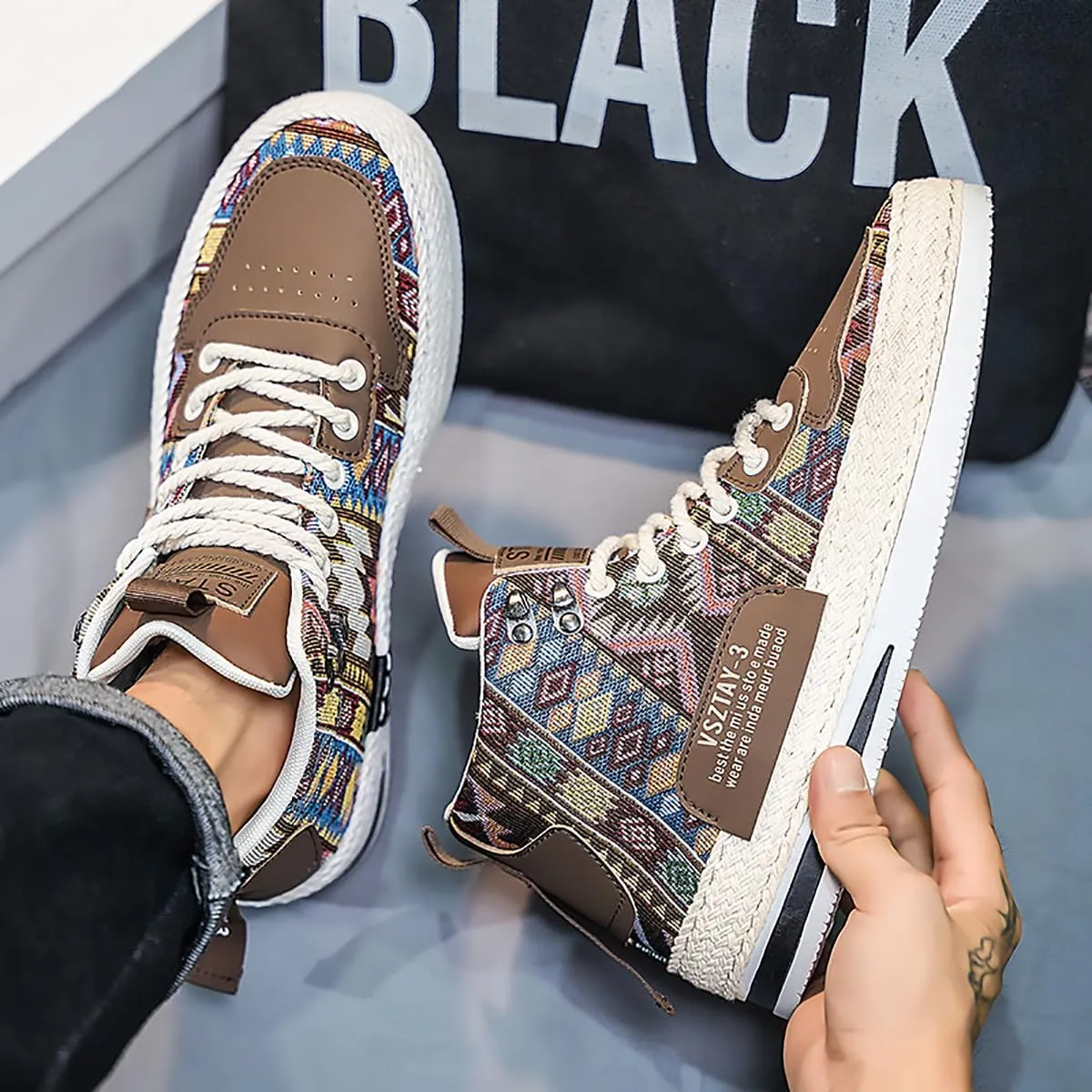 Mens Canvas Shoes High Top Casual Shoes Western Walking Sneakers Lace up Walking Shoes for Men