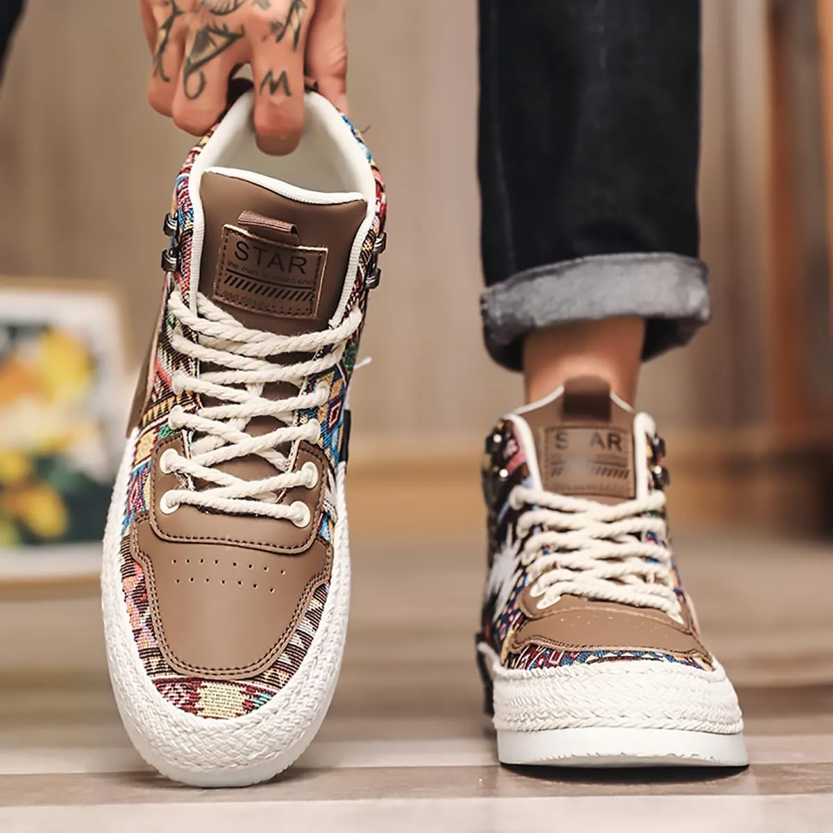Mens Canvas Shoes High Top Casual Shoes Western Walking Sneakers Lace up Walking Shoes for Men