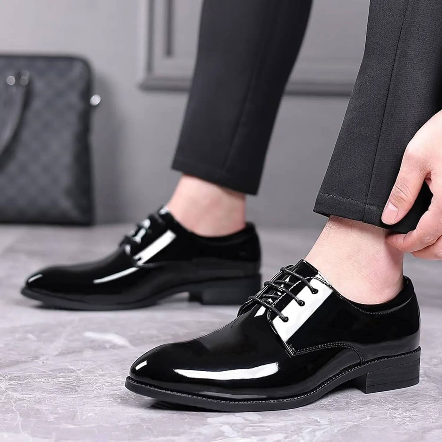 Men's Dress Shoes Faux Patent Leather Oxford Dress Shoes, Leather Formal Business Oxford Shoes Fashion Breathable Prom Business Wedding Dress Shoes