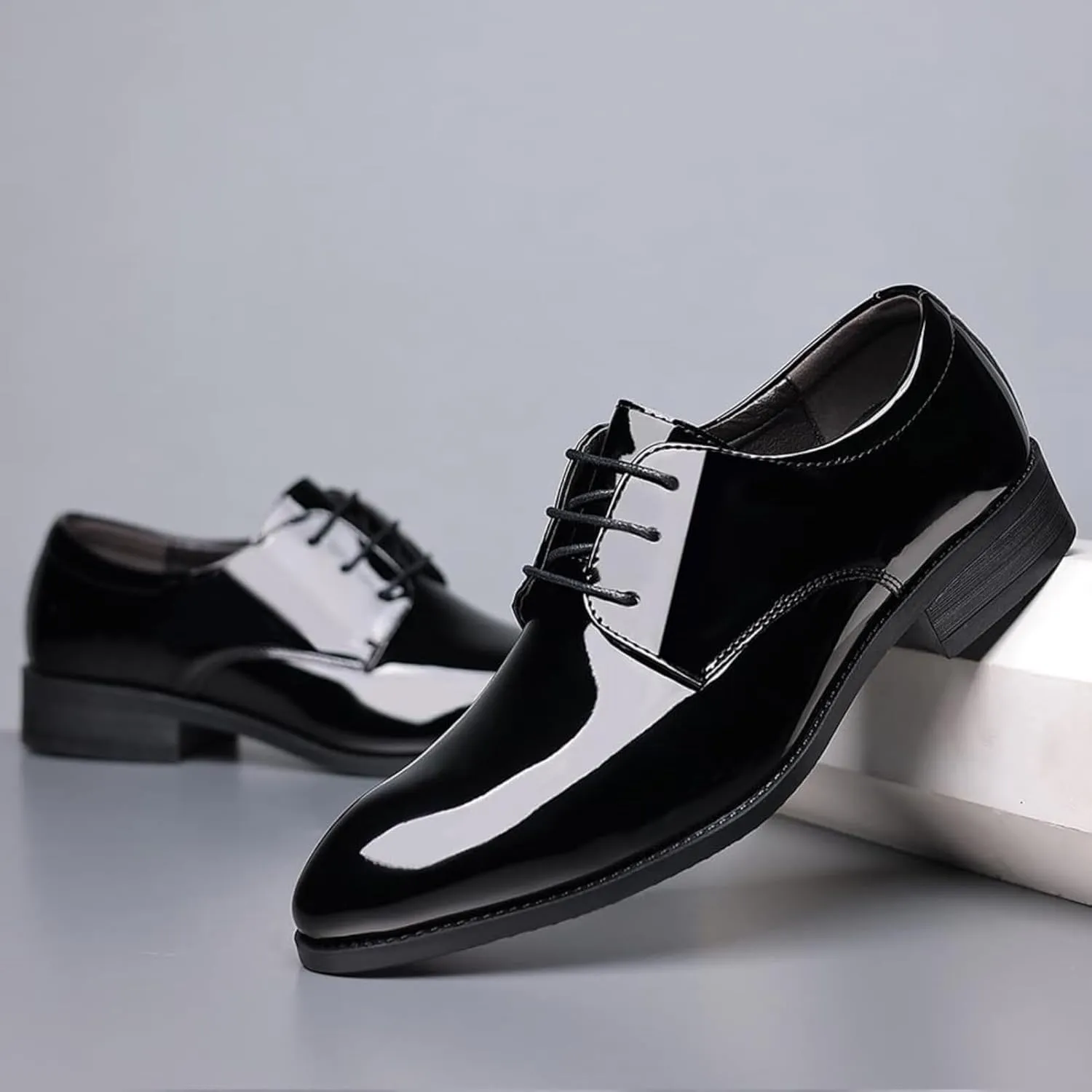 Men's Dress Shoes Faux Patent Leather Oxford Dress Shoes, Leather Formal Business Oxford Shoes Fashion Breathable Prom Business Wedding Dress Shoes