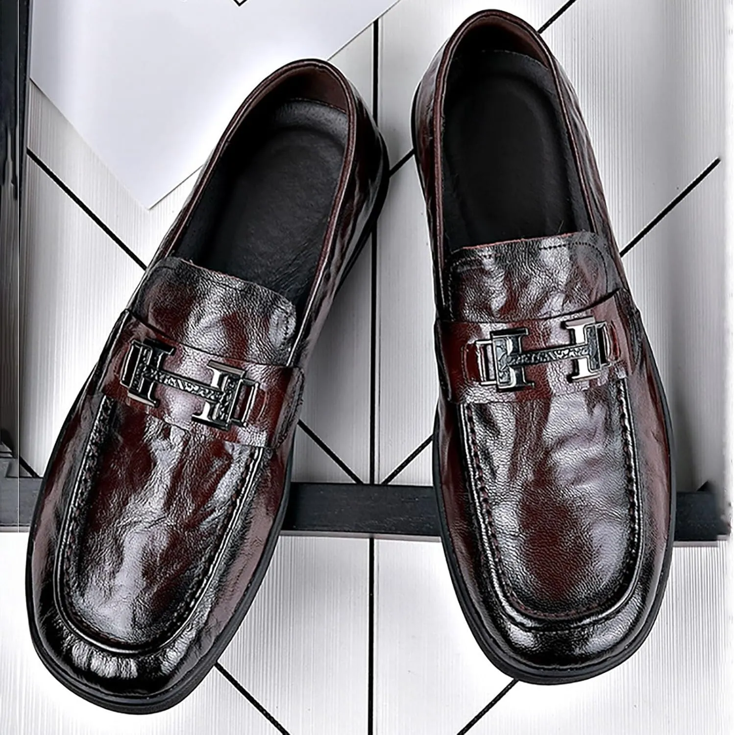 Men's Leather Chunky Dress Shoes Comfortable Oxford Shoes ， Breathable Fashion Casual Round Toe Synthetic Leather Business Footwear
