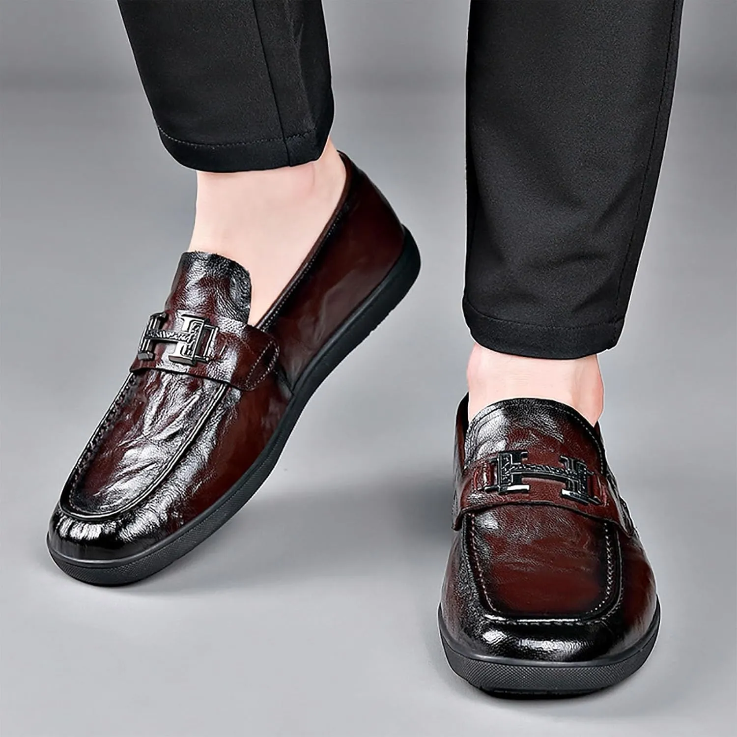 Men's Leather Chunky Dress Shoes Comfortable Oxford Shoes ， Breathable Fashion Casual Round Toe Synthetic Leather Business Footwear