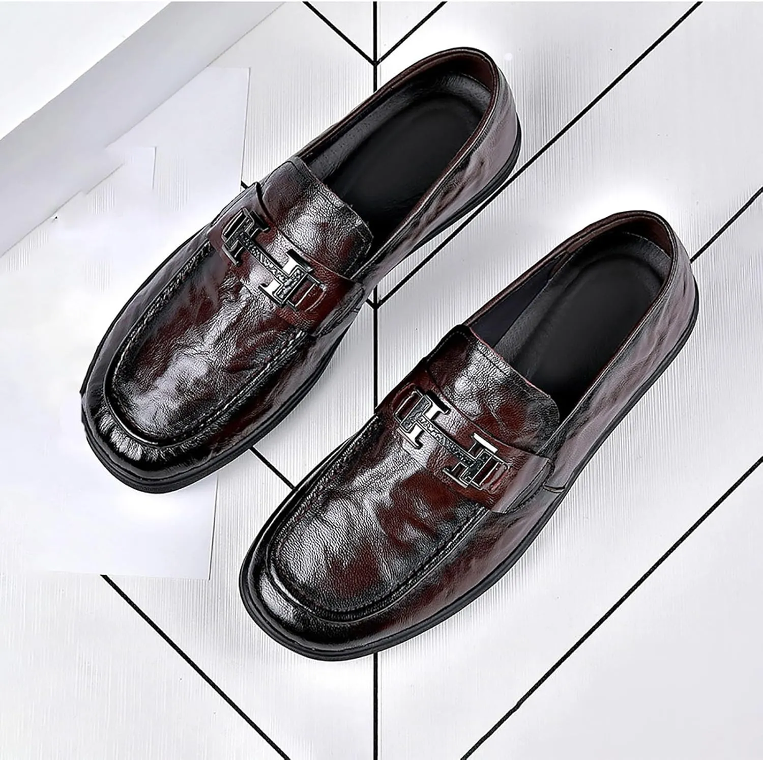 Men's Leather Chunky Dress Shoes Comfortable Oxford Shoes ， Breathable Fashion Casual Round Toe Synthetic Leather Business Footwear