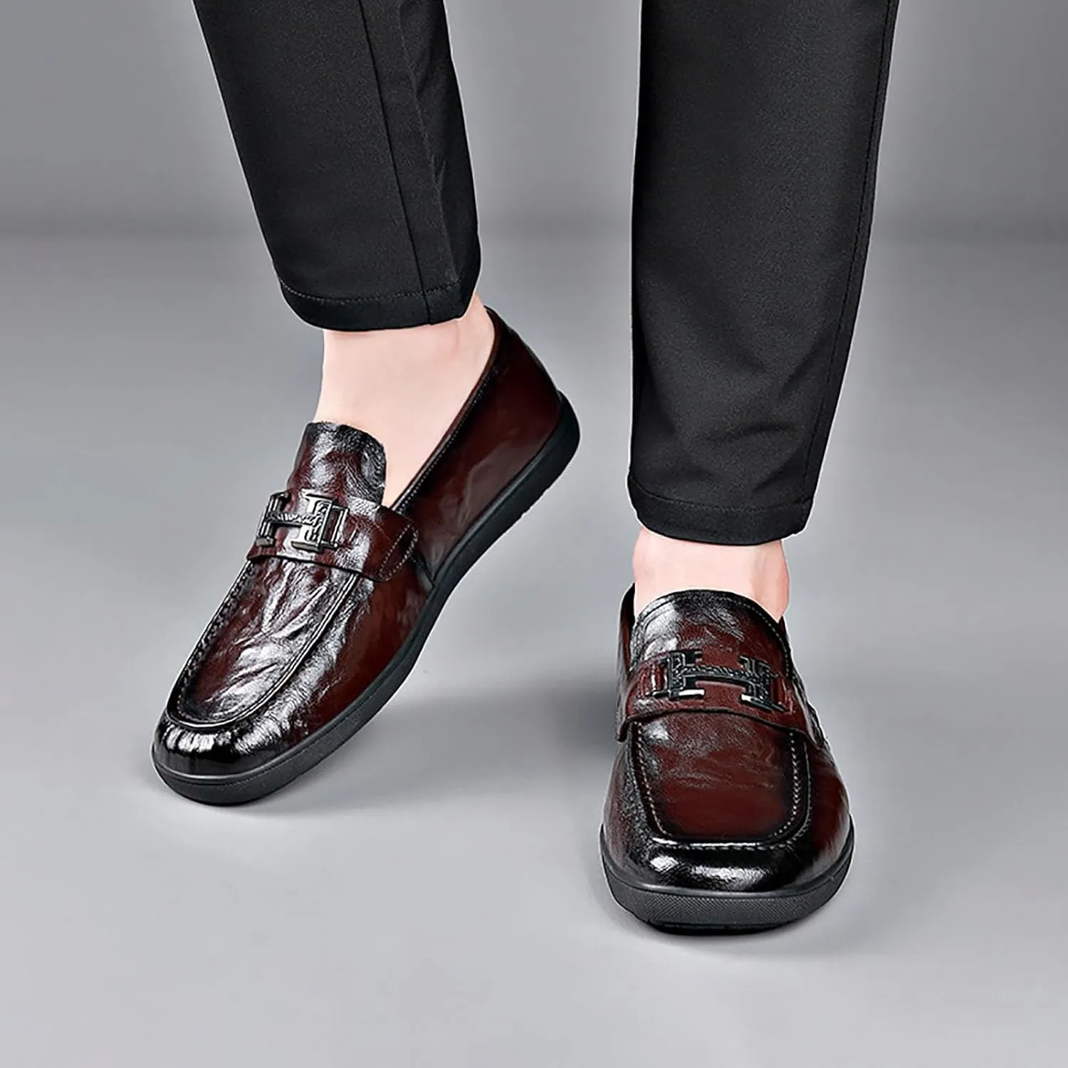 Men's Leather Chunky Dress Shoes Comfortable Oxford Shoes ， Breathable Fashion Casual Round Toe Synthetic Leather Business Footwear