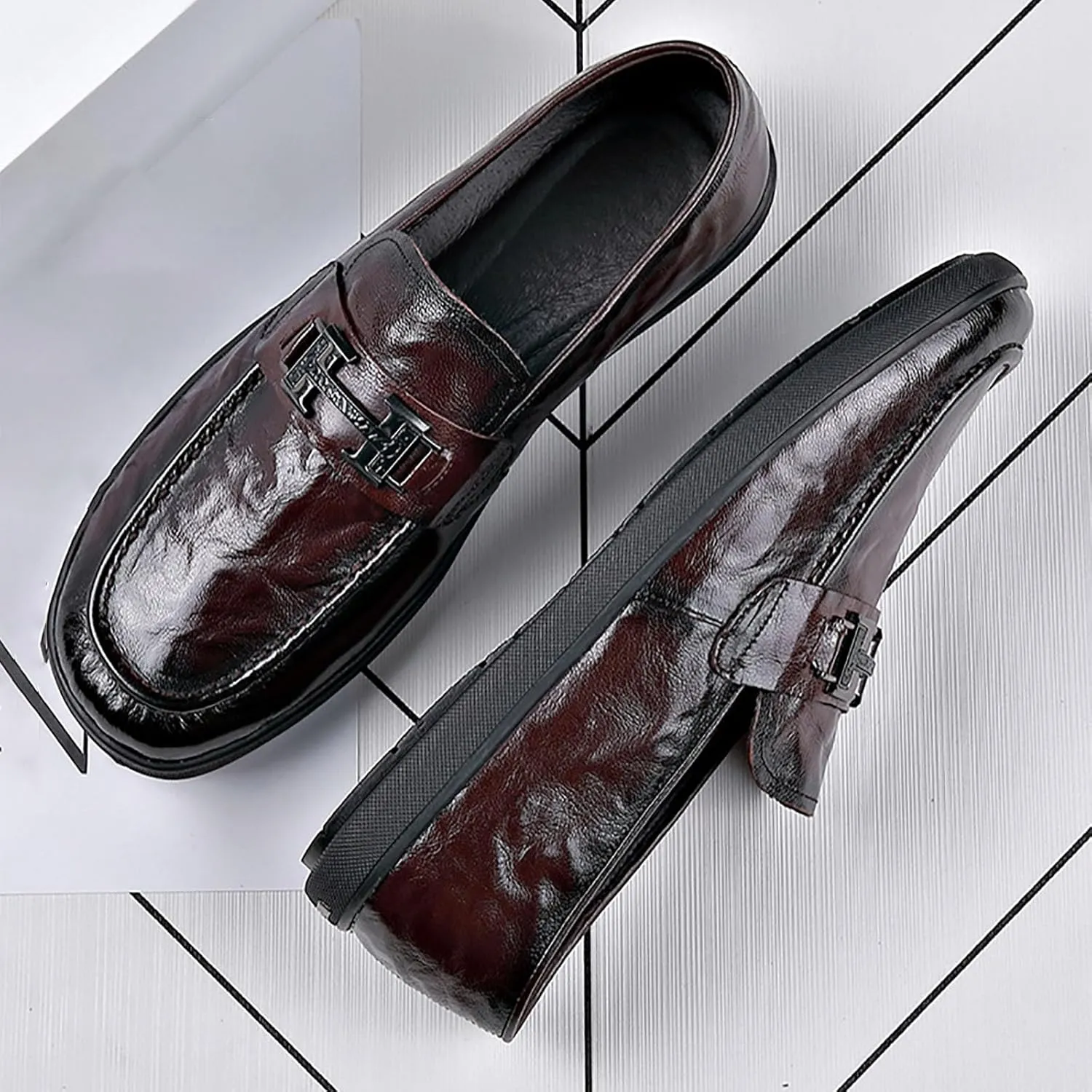 Men's Leather Chunky Dress Shoes Comfortable Oxford Shoes ， Breathable Fashion Casual Round Toe Synthetic Leather Business Footwear