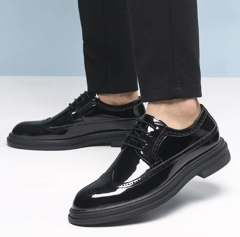 Men's Patent Leather Dress Shoes, Male Brogues Comfortable Cap Toe Leather Flexible Breathable Flat Heel Lace-Up Shoes