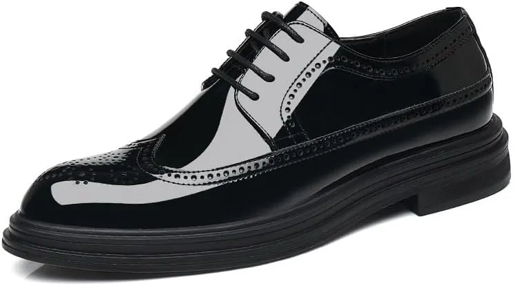 Men's Patent Leather Dress Shoes, Male Brogues Comfortable Cap Toe Leather Flexible Breathable Flat Heel Lace-Up Shoes